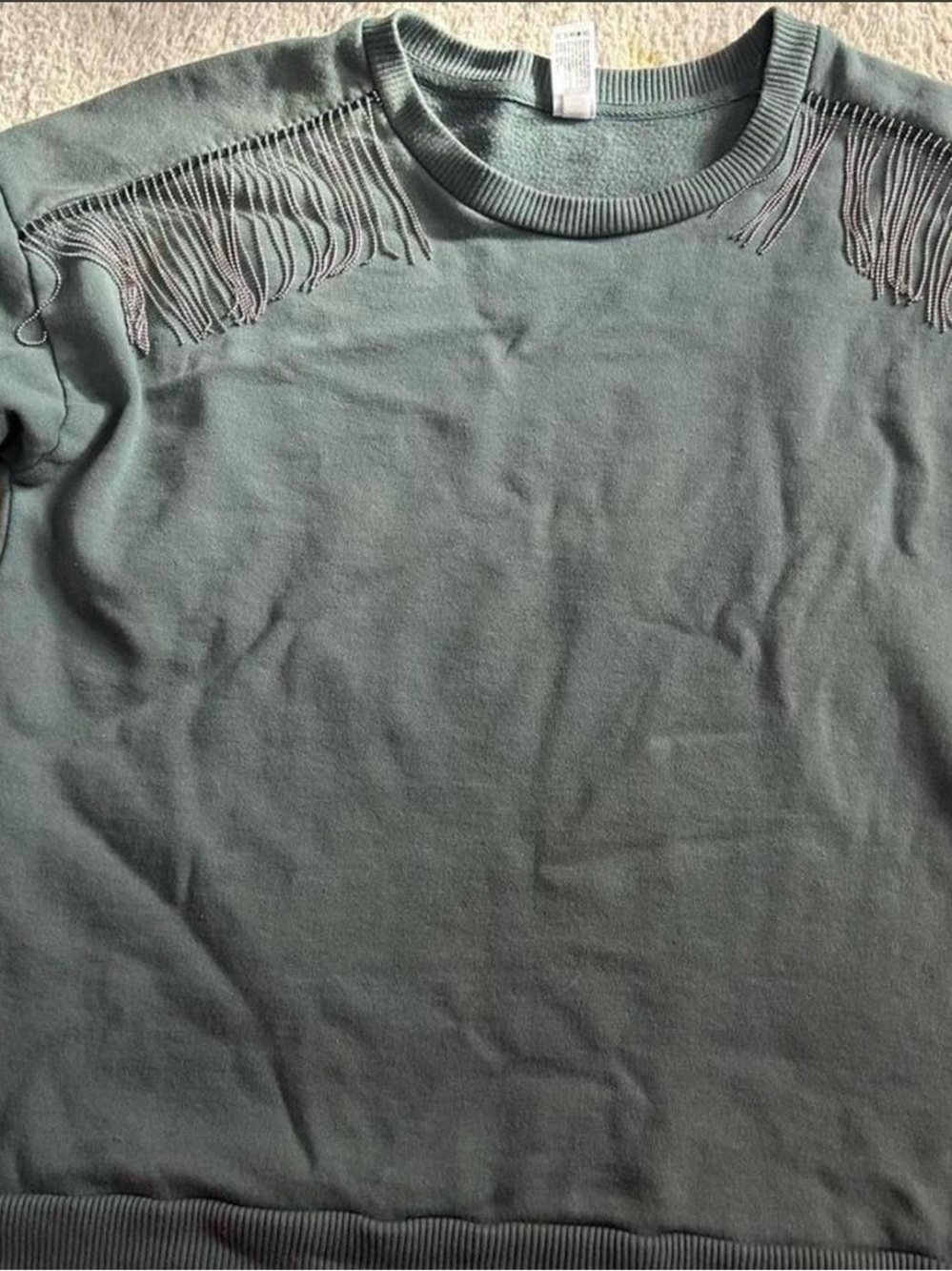 Women’s Crewneck Sweater with Shoulder Fringe - Green